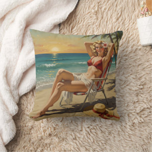Flickor på Beach Retro 50-talets Pin-up-konst Kudde