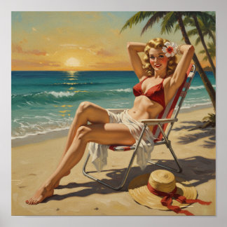 Flickor på Beach Retro 50-talets Pin-up-konst Poster