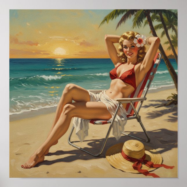 Flickor på Beach Retro 50-talets Pin-up-konst Poster (Framsidan)