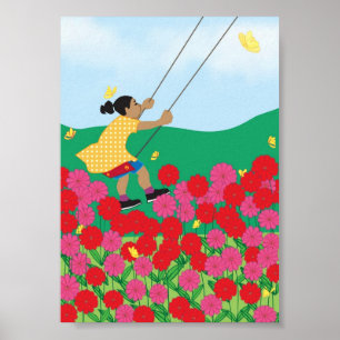 Flickor på en sväng med blommor poster