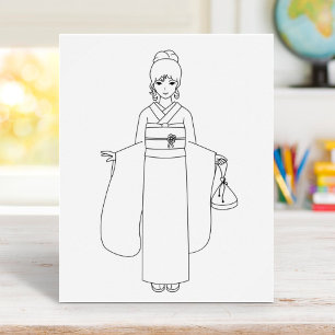 Flickor på japanska Kimono Dress Coloring Page Poster