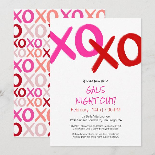 Flickor på Rosa XOXO Red Galentine Day Party Inbjudningar (Fram/baksida)