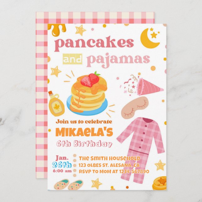 Flickor Pancakes och Pajamas Birthday-inbjudan Inbjudningar (Fram/baksida)