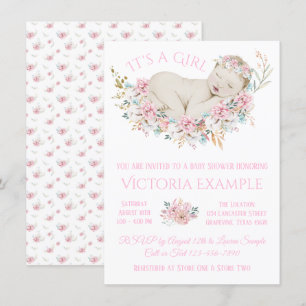 Flickor Pastell Vattenfärg Blommig Baby Shower Inbjudningar