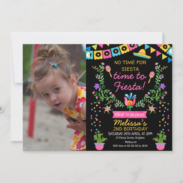 Flickor Photo Mexican Blommigt Fiesta Birthday-inb Inbjudningar (Framsida)