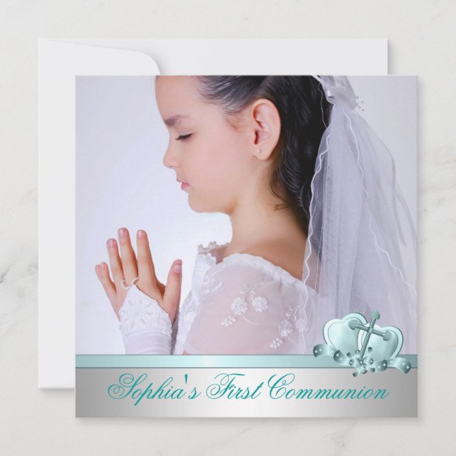 Flickor Photo Teal Blue First Communion Inbjudningar (Framsida)