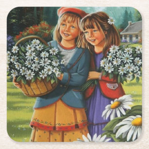 Flickor plockar blommor fin konst underlägg papper kvadrat