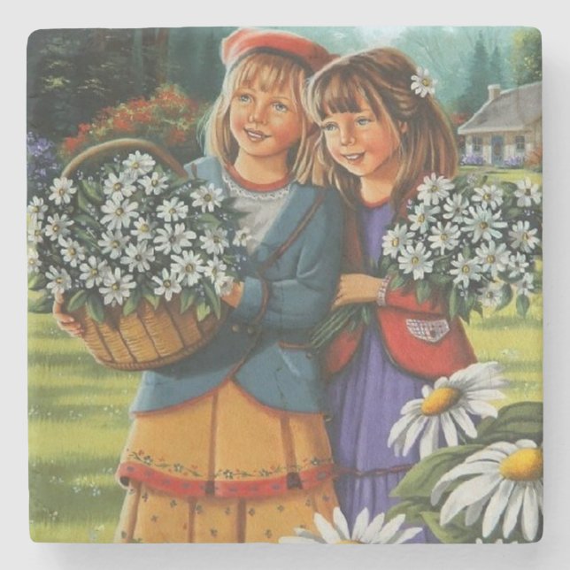 Flickor Plockar Blommor Finkonst Stenunderlägg (Framsidan)