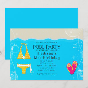 Flickor Poolparty Bikini Födelsedagsim Invitatione Inbjudningar
