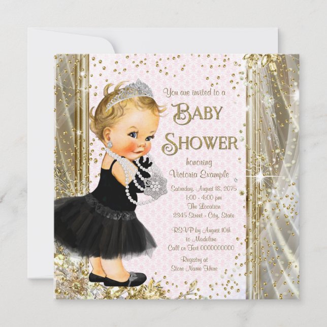Flickor Princess Little Dam Rosa Guld Baby Shower Inbjudningar (Framsida)