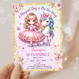 Flickor Princess Unicorn 2:a födelsedagen Rosa Gul Inbjudningar