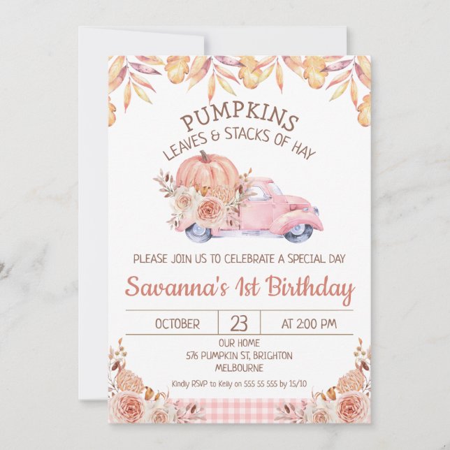 Flickor Pumpkin Lastbil höstblomma Blommigt Birthd Inbjudningar (Framsida)