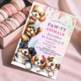 Flickor Puppy Hund Pawty 1:a födelsedagsinbjudan Inbjudningar
