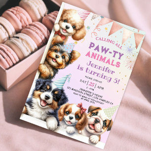 Flickor Puppy Hund Pawty 5:e födelsedagsinbjudan Inbjudningar