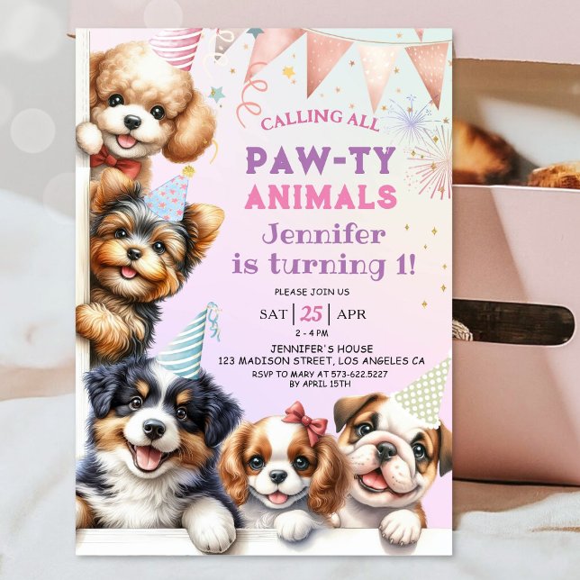 Flickor Puppy Pawty 1:a födelsedagsinbjudan Inbjudningar (Skapare uppladdad)