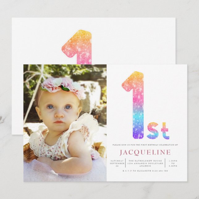 Flickor Rainbow 1:a födelsedagsfoto Inbjudningar (Fram/baksida)