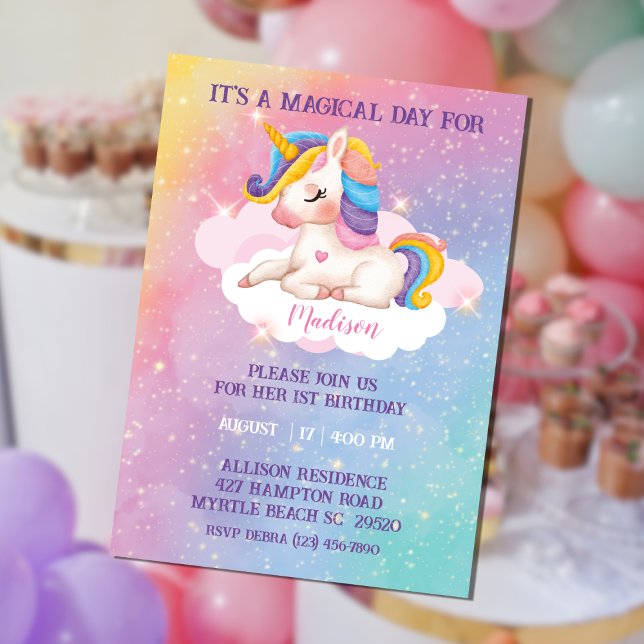 Flickor Rainbow Färg Unicorn Birthday-inbjudan Inbjudningar (Skapare uppladdad)