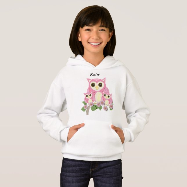 Flickor redigerbar rosa ugglor t shirt (Hel framsida)