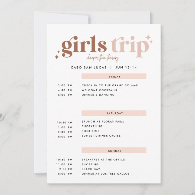 Flickor Resa billigare än terapi Itinerary Invati Inbjudningar (Framsida)