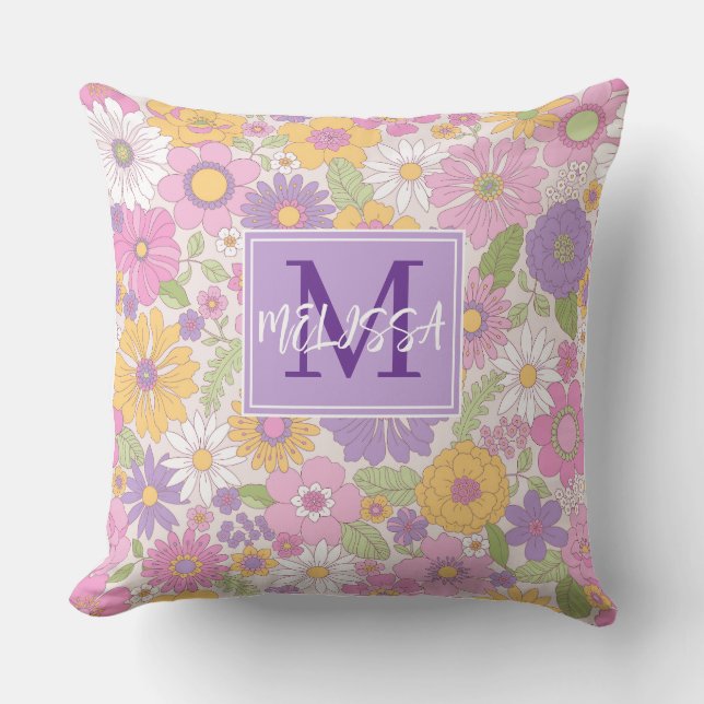 Flickor Retro Blommig Monogram Skript Namn Accent  Kudde (Framsida)