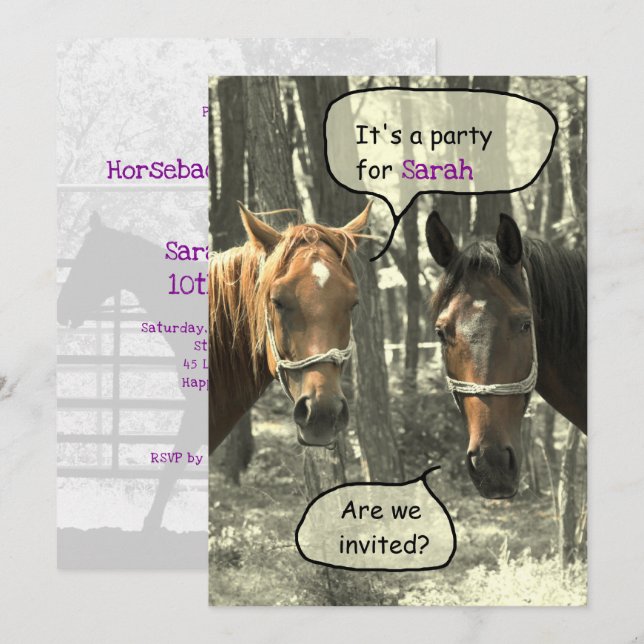 Flickor - ridning på födelsedagen i Party Inbjudningar (Fram/baksida)