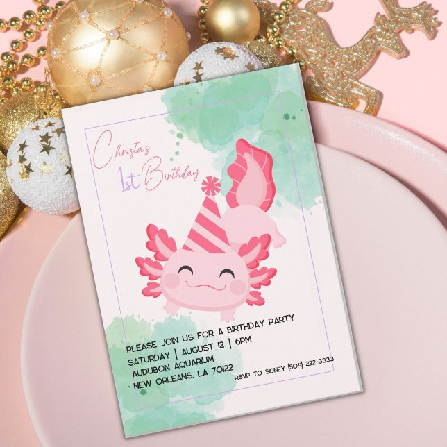 Flickor Rosa Axolotl 1:a födelsedagsinbjudan Inbjudningar (Skapare uppladdad)
