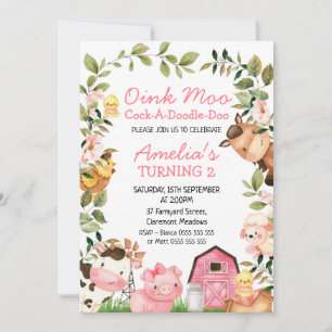 Flickor Rosa Barn Boskap Foliage Birthday Inbjudningar