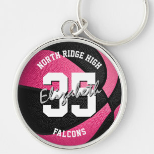 Flickor rosa Black basketball keychain w Team namn Rund Silverfärgad Nyckelring
