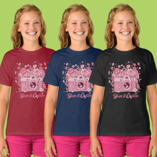 Flickor Rosa Blommig Kamera Foto Klädesplagg T Shirt