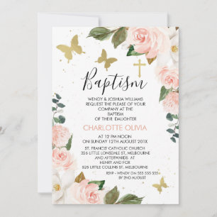 Flickor Rosa Blommigt och Guld Butterflies Baptism Inbjudningar