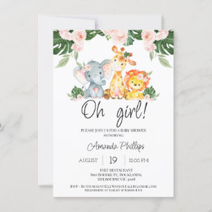 Flickor Rosa Blommigt Safari Animals Baby Shower Inbjudningar