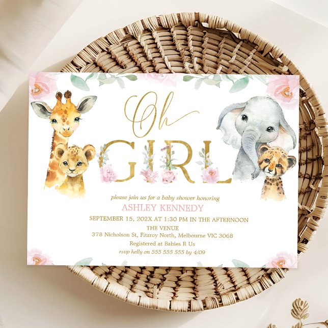 Flickor Rosa Blommigt Safari Baby Shower-inbjudan Inbjudningar (Safari Baby Shower Invitation Template For Girl, Floral Safari Animals Baby Shower Invitation, )