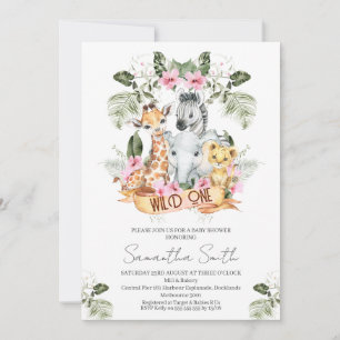Flickor Rosa Blommigt Safari Vild 1 Babyskåda Inbjudningar
