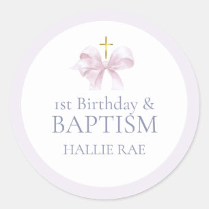 Flickor Rosa Bow 1:a födelsedagen och baptism Runt Klistermärke