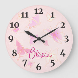 Flickor Rosa Butterfly Kids Nursery Round Clock Stor Klocka