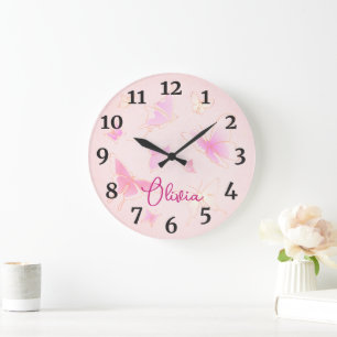 Flickor Rosa Butterfly Kids Nursery Round Clock Stor Klocka
