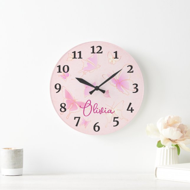 Flickor Rosa Butterfly Kids Nursery Round Clock Stor Klocka (Hem)