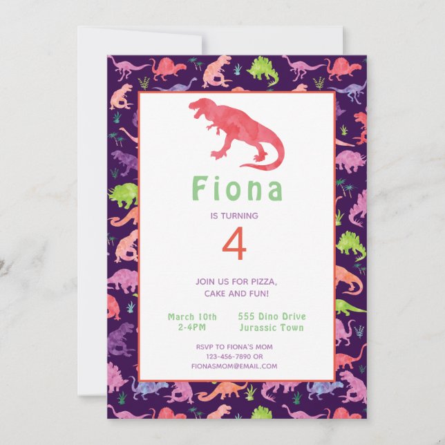 Flickor Rosa Dinosaur Birthday Watercolor-inbjudan (Framsida)