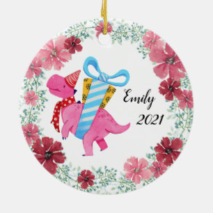 Flickor Rosa Dinosaur jul Ceramic Ornament