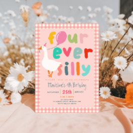 Flickor Rosa “Four Ever Silly” Gås 4-årsdag Inbjudningar