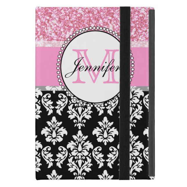 Flickor, Rosa, Glitter Black Damask Personlig iPad Mini Skydd (Framsidan Closed)