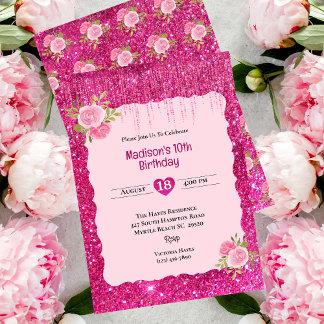 Flickor Rosa Glitter Blommigt 10:e Födelsedagsfest Inbjudningar