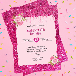 Flickor Rosa Glitter Blommigt 10:e Födelsedagsfest Inbjudningar