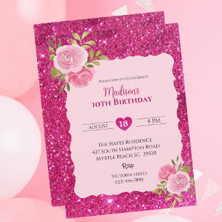 Flickor Rosa Glitter Blommigt 10:e Födelsedagsfest Inbjudningar