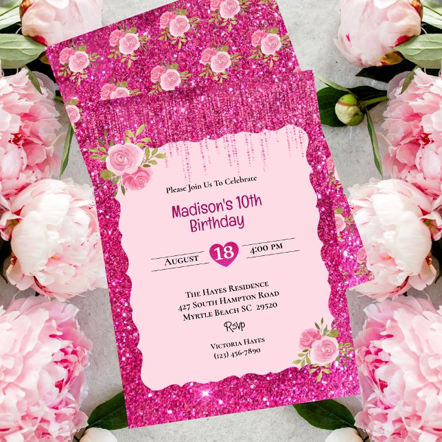 Flickor Rosa Glitter Blommigt 10:e Födelsedagsfest Inbjudningar (Skapare uppladdad)