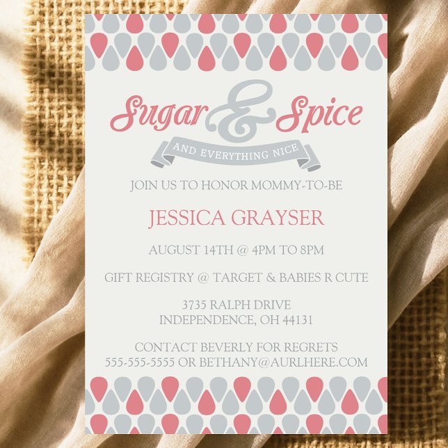 Flickor Rosa Grått Baby Shower Sugar and Spice Inbjudningar (Girls Pink Gray Baby Shower Sugar and Spice Invitation
)