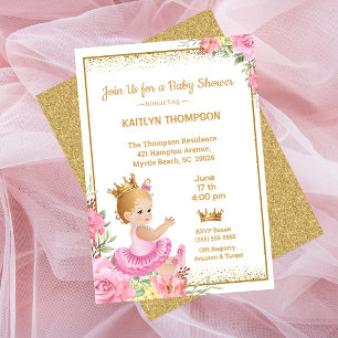 Flickor Rosa Guld Princess Baby Shower Inbjudningar