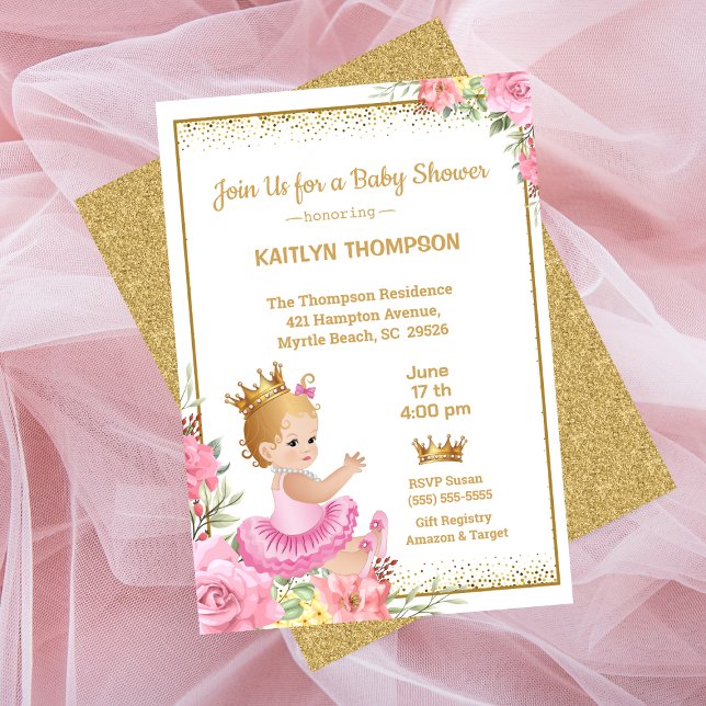 Flickor Rosa Guld Princess Baby Shower Inbjudningar (Skapare uppladdad)