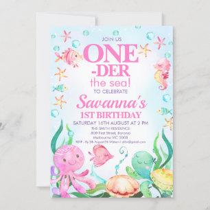 Flickor Rosa Octopus Oneder Havet 1:a födelsedagen Inbjudningar