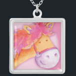 Flickor rosa orange, söt ponnyhalsband silverpläterat halsband<br><div class="desc">Sterling silver Plate vackra rosa och orange ungar Pony whimiscal Art necklace. Sarah Trett www.sarahtrett.com är unikt designad och målad i vattenfärg för www.mylittleeden.com com.au</div>